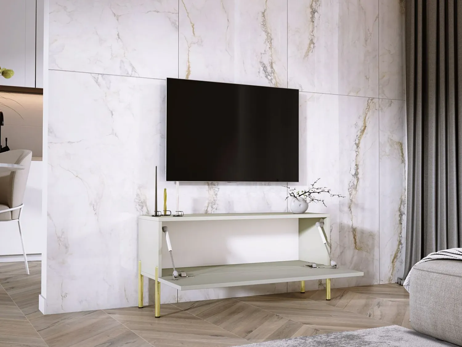 New Móvel TV : Caxemira, patas dourados, 100 x 52 x 32 cm Bege