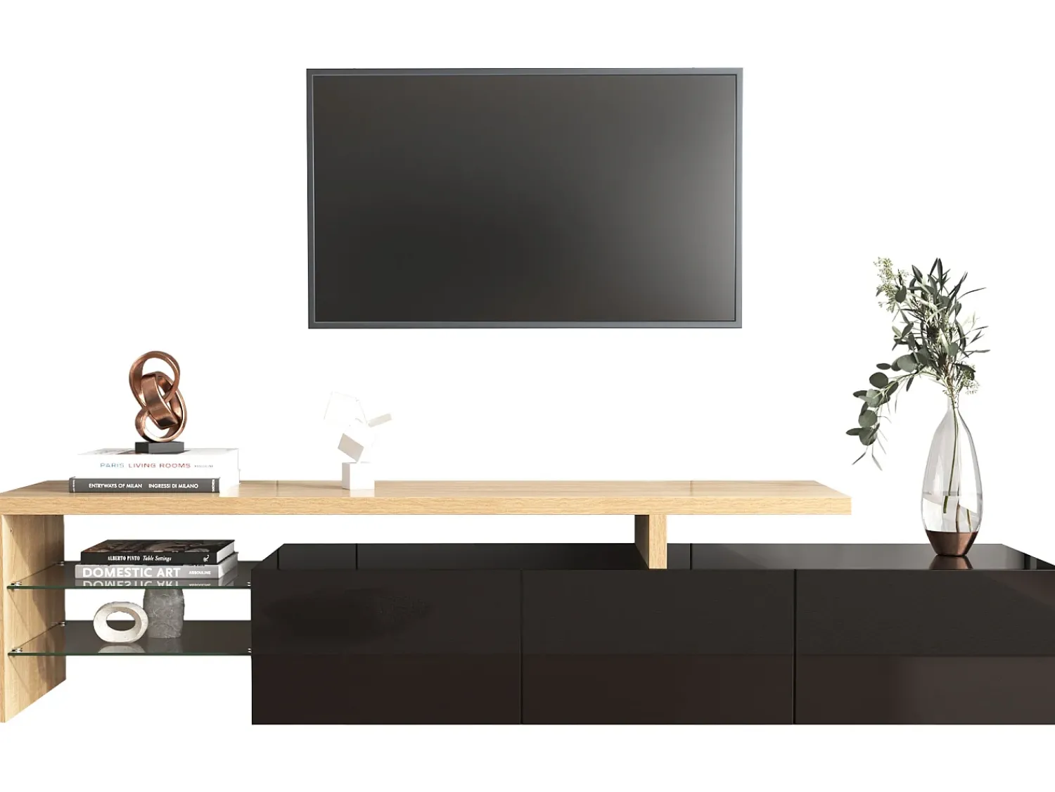 Móvel De Tv|ModernLuxe Móvel TV 200 cm - 3 portas e 2 compartimentos em vidro - estilo moderno - Preto e Natural Preto / Natural claro