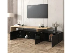 Móvel De Tv|ModernLuxe Móvel TV 200 cm - 3 portas e 2 compartimentos em vidro - estilo moderno - Preto e Natural Preto / Natural claro