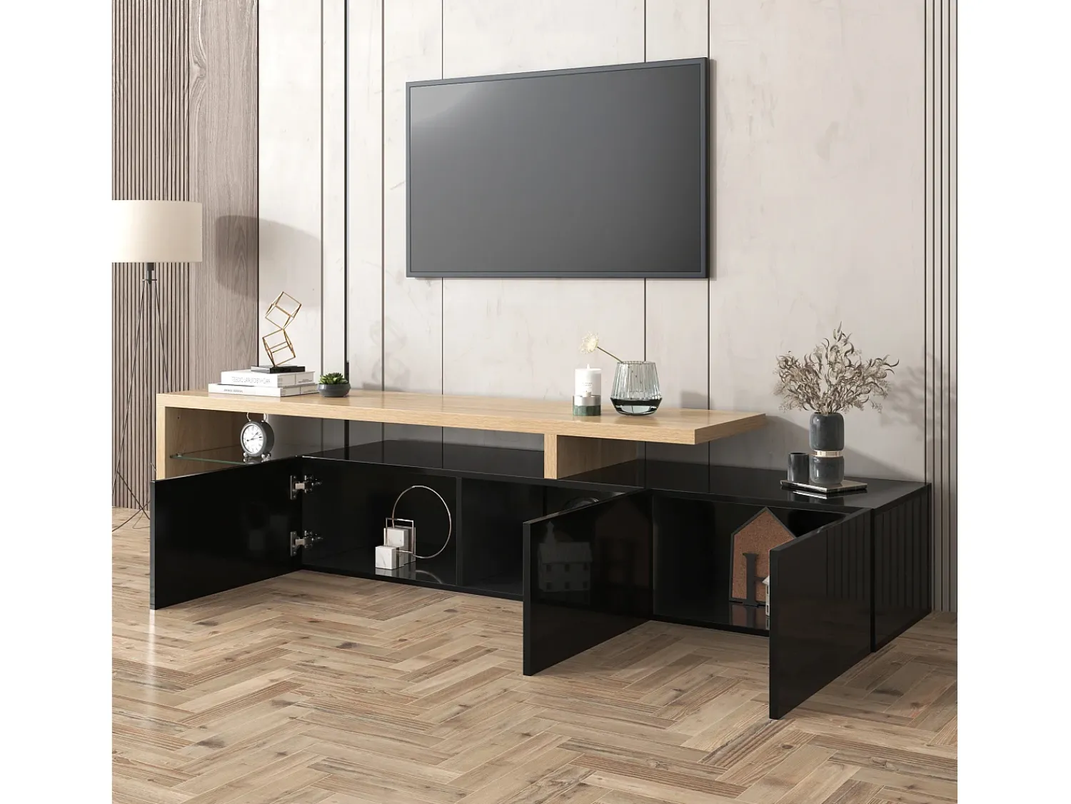 Móvel De Tv|ModernLuxe Móvel TV 200 cm - 3 portas e 2 compartimentos em vidro - estilo moderno - Preto e Natural Preto / Natural claro
