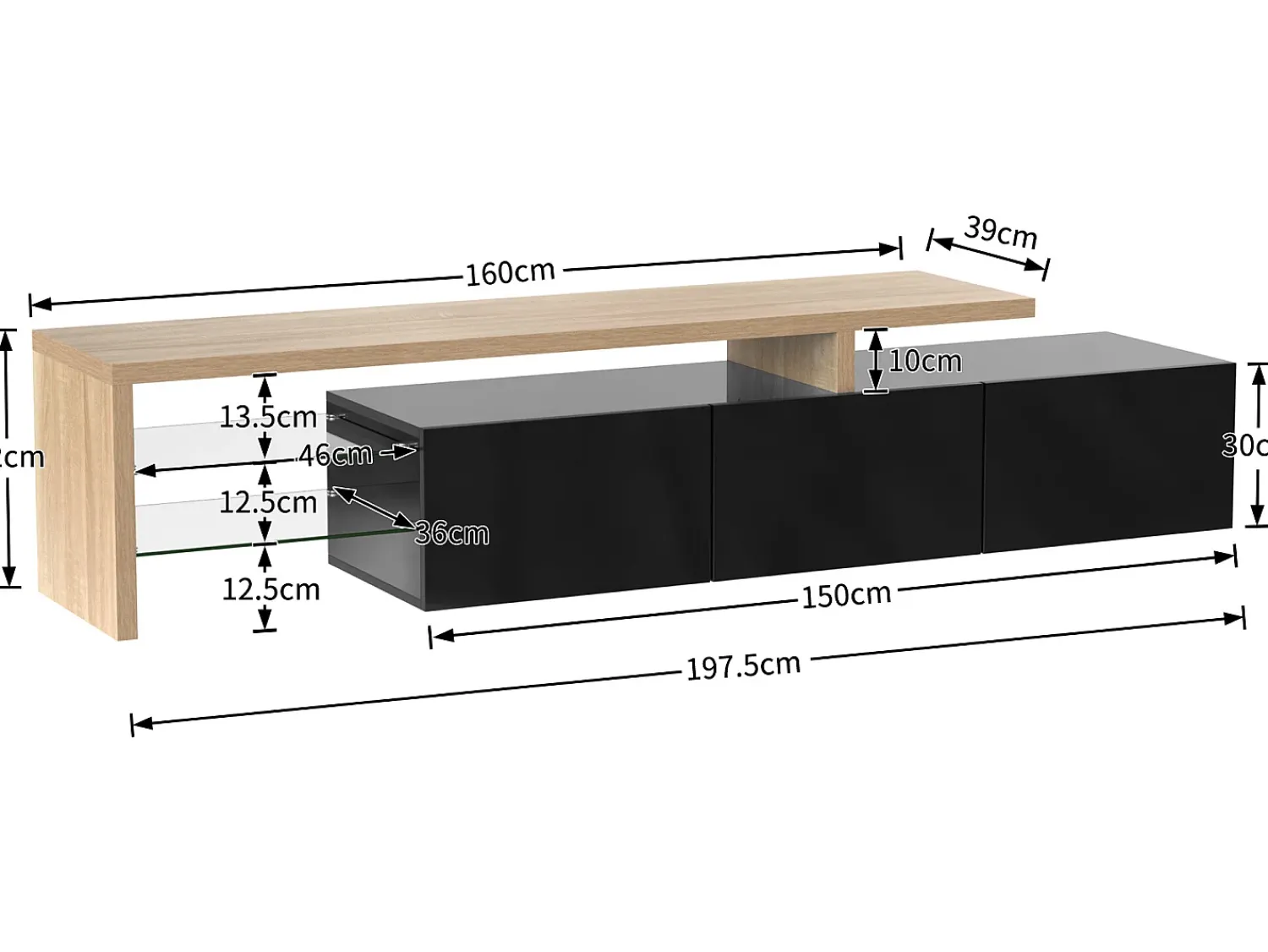 Móvel De Tv|ModernLuxe Móvel TV 200 cm - 3 portas e 2 compartimentos em vidro - estilo moderno - Preto e Natural Preto / Natural claro