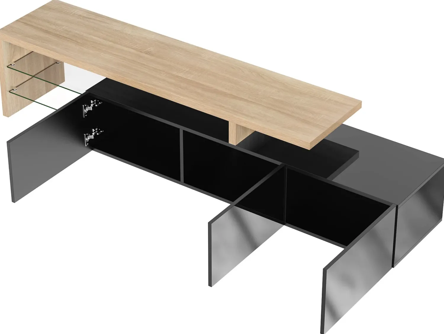 Móvel De Tv|ModernLuxe Móvel TV 200 cm - 3 portas e 2 compartimentos em vidro - estilo moderno - Preto e Natural Preto / Natural claro