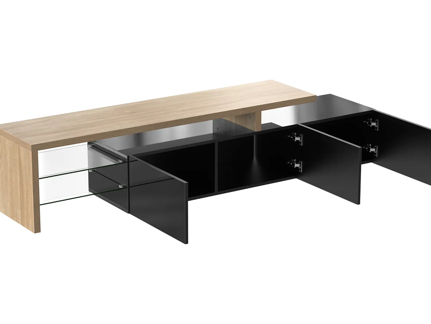 Móvel De Tv|ModernLuxe Móvel TV 200 cm - 3 portas e 2 compartimentos em vidro - estilo moderno - Preto e Natural Preto / Natural claro