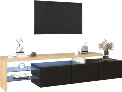 Móvel De Tv|ModernLuxe Móvel TV 200 cm - 3 portas e 2 compartimentos em vidro - estilo moderno - Preto e Natural Preto / Natural claro