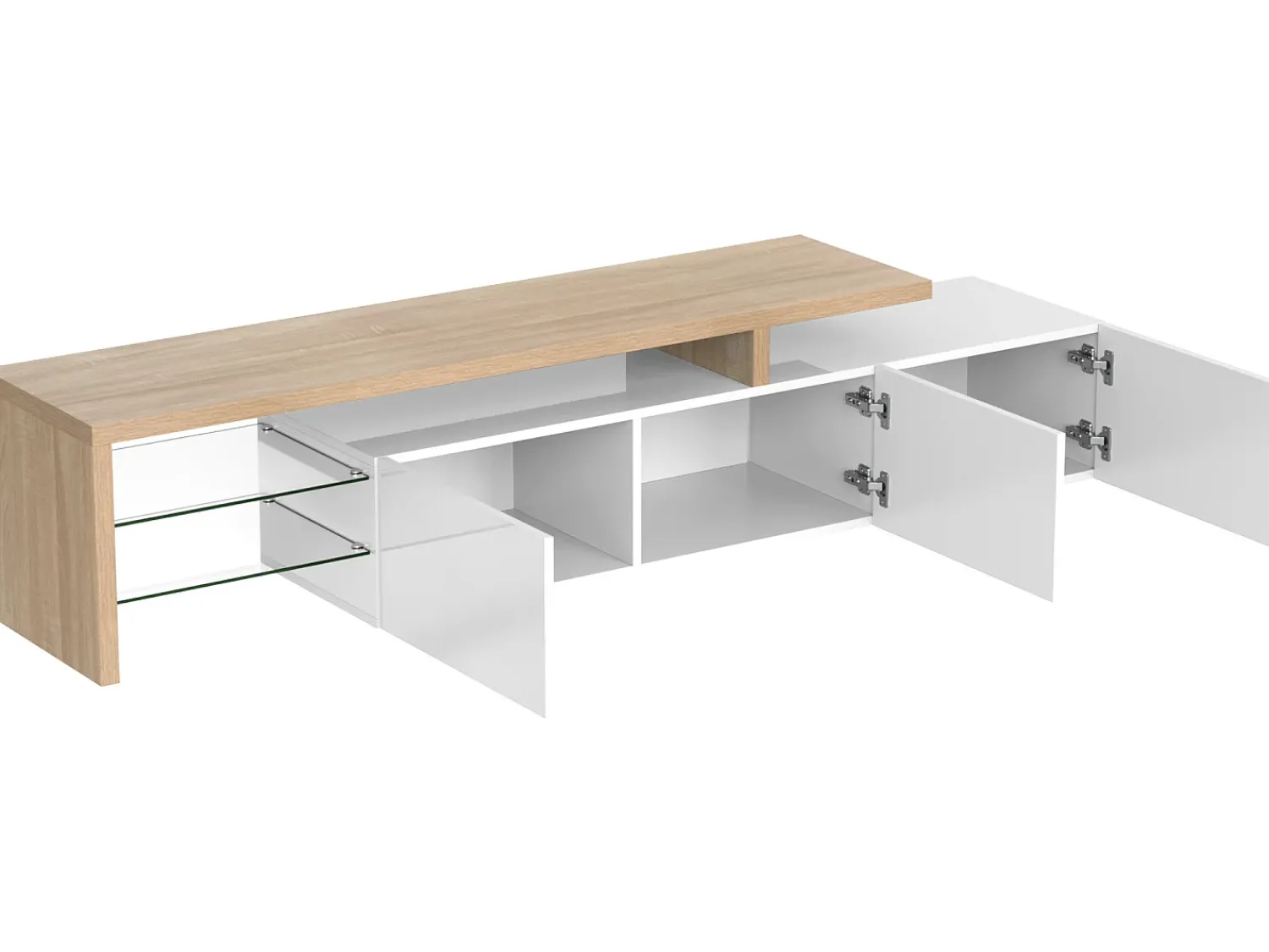 Móvel De Tv|ModernLuxe Móvel TV 200 cm - 3 portas e 2 compartimentos em vidro - estilo moderno - Branco e Natural Natural claro / Branco