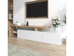 Móvel De Tv|ModernLuxe Móvel TV 200 cm - 3 portas e 2 compartimentos em vidro - estilo moderno - Branco e Natural Natural claro / Branco