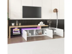 Móvel De Tv|ModernLuxe Móvel TV 200 cm - 3 portas e 2 compartimentos em vidro - estilo moderno - Branco e Natural Natural claro / Branco