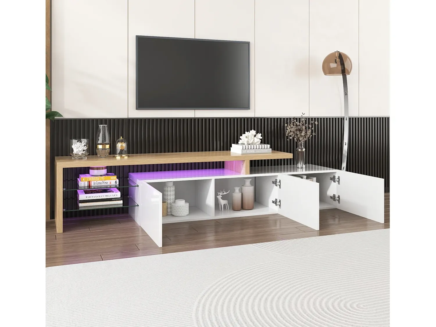 Móvel De Tv|ModernLuxe Móvel TV 200 cm - 3 portas e 2 compartimentos em vidro - estilo moderno - Branco e Natural Natural claro / Branco