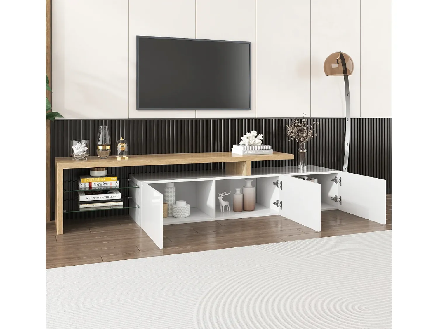 Móvel De Tv|ModernLuxe Móvel TV 200 cm - 3 portas e 2 compartimentos em vidro - estilo moderno - Branco e Natural Natural claro / Branco