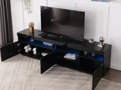 Móvel De Tv*Merax Móvel TV 180 cm - 3 portas e 3 nichos - LEDs - lacado brilhante Preto