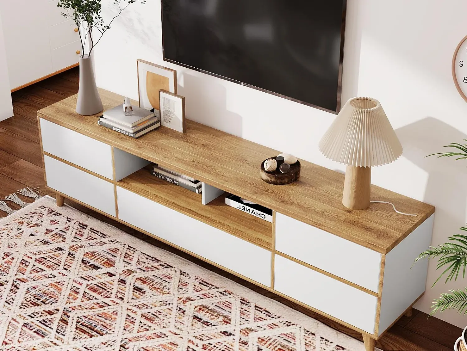 Móvel De Tv|Merax Móvel TV 175 cm - 5 portas e 2 nichos - MDF - e cor natural Branco