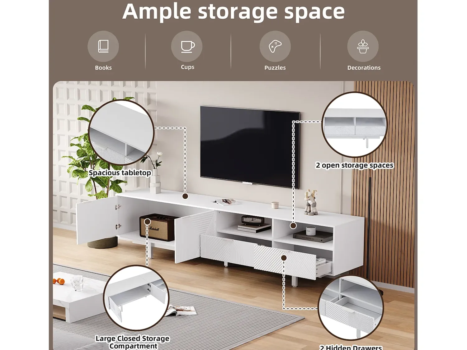 ModernLuxe Móvel TV 200 cm - com 3 compartimentos e 2 gavetas - capacidade máxima TV 90 polegadas -^ Móvel De Tv