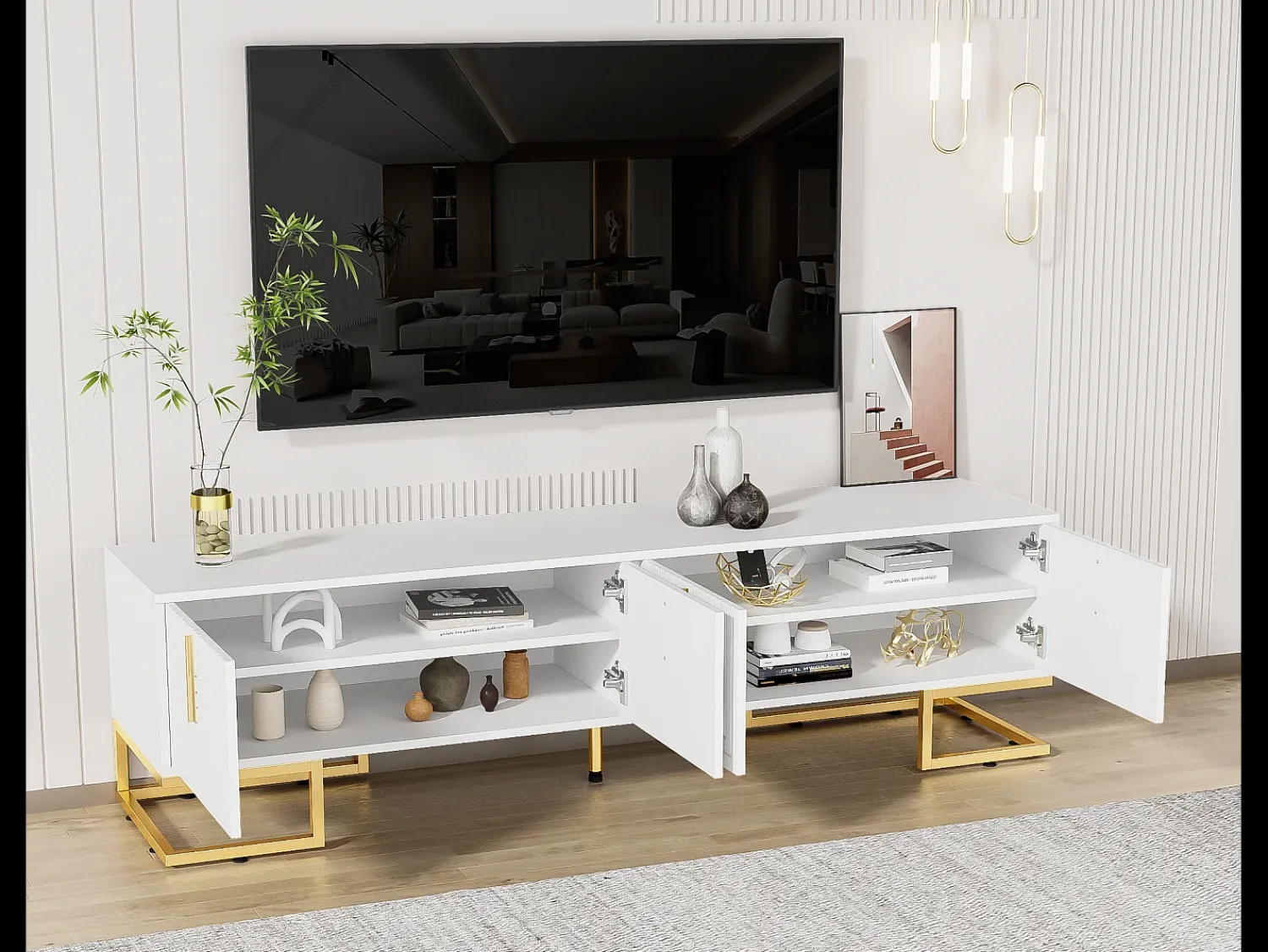 Móvel De Tv|ModernLuxe Móvel TV 170 cm - com prateleiras reguláveis - puxadores e pés dourados - Branco