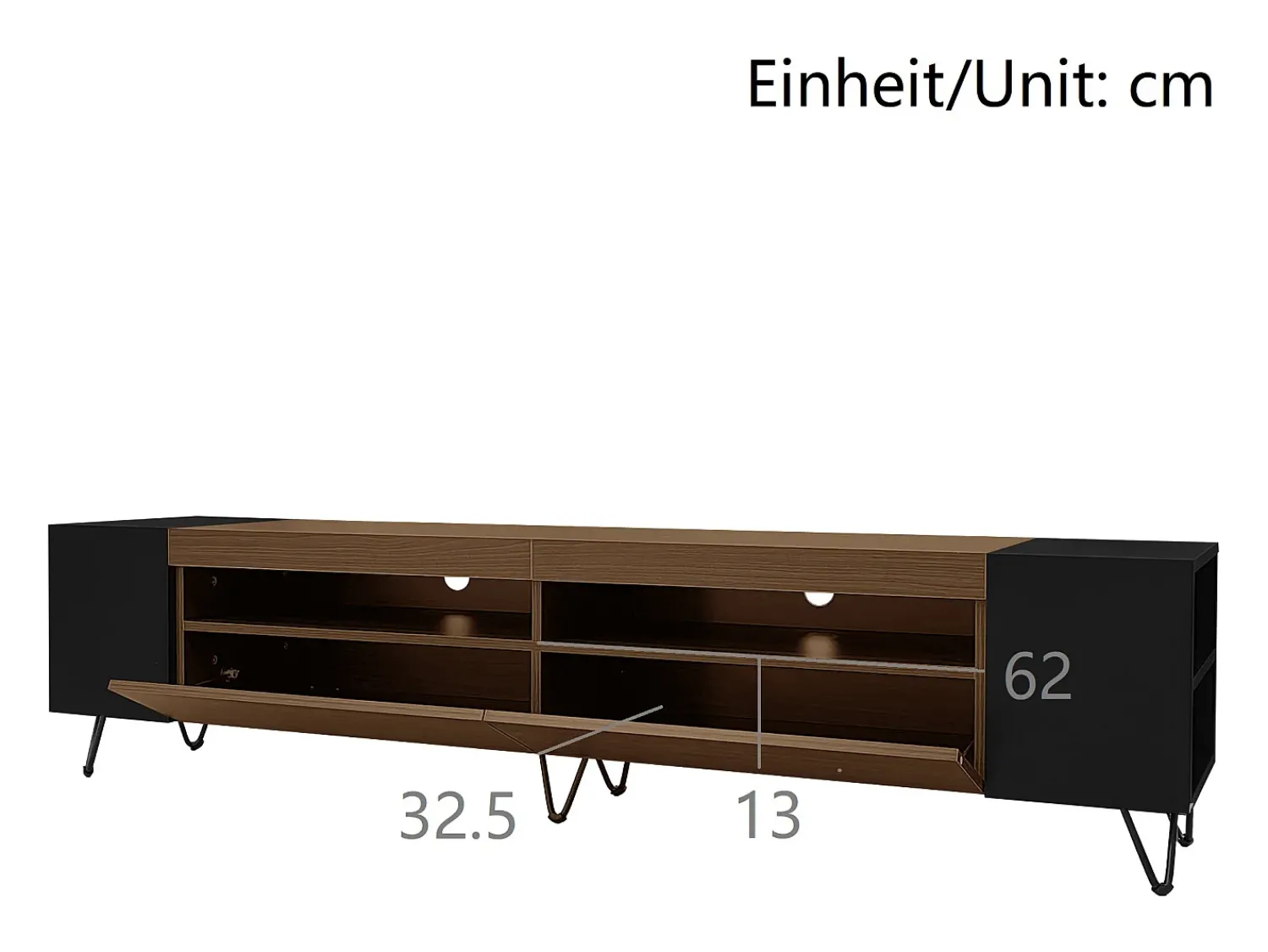 Móvel De Tv|ModernLuxe Móvel TV 180 cm - uma porta basculante e 4 compartimentos abertos em ambos os lados - Preto e Natural Preto / Natural claro