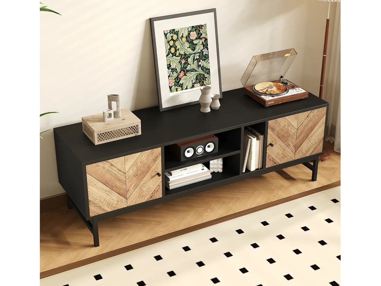 Merax Móvel TV 150 cm com 2 portas e 3 compartimentos - Aglomerado e metal - e cor natural^ Móvel De Tv