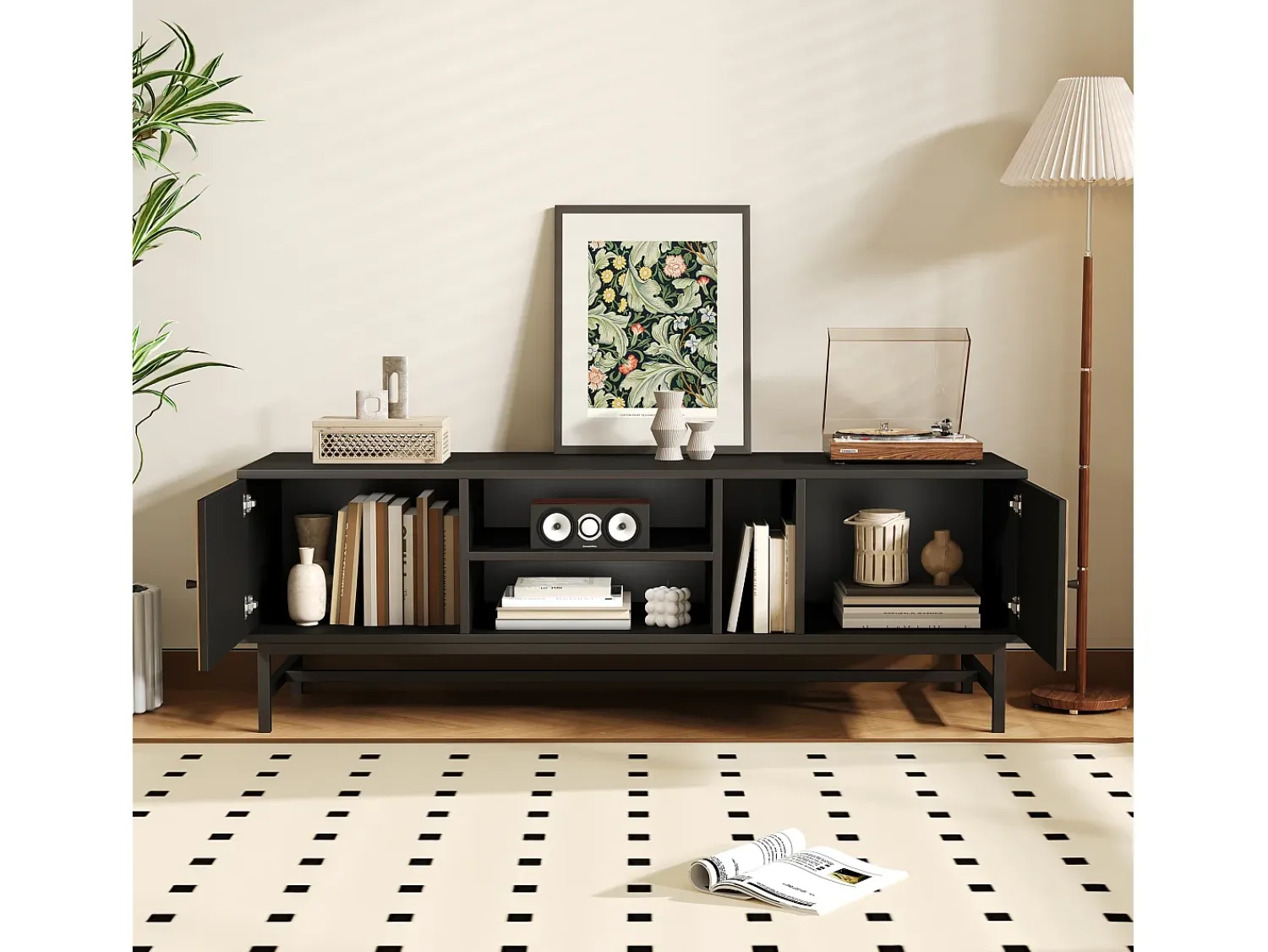 Merax Móvel TV 150 cm com 2 portas e 3 compartimentos - Aglomerado e metal - e cor natural^ Móvel De Tv