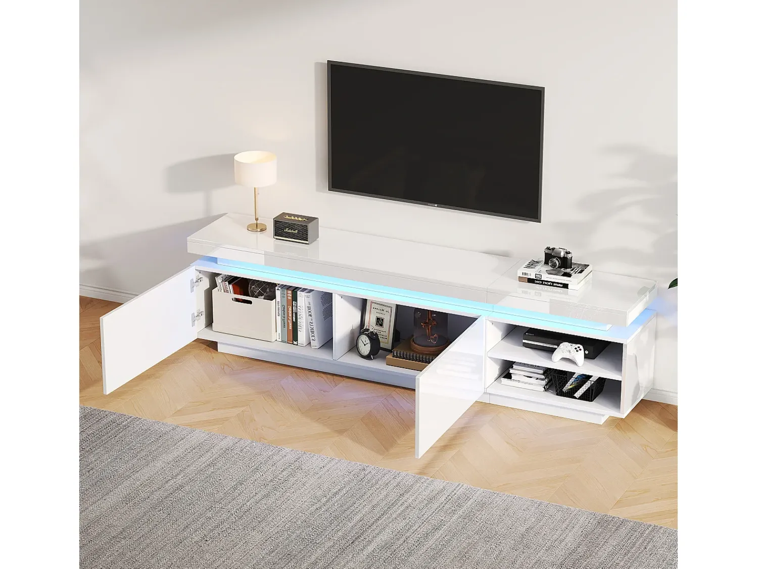 Outlet Merax Móvel TV 170 cm com 2 portas e 2 prateleiras - LEDs - Aglomerado - brilhante Branco