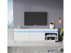 Outlet Merax Móvel TV 170 cm com 2 portas e 2 prateleiras - LEDs - Aglomerado - brilhante Branco