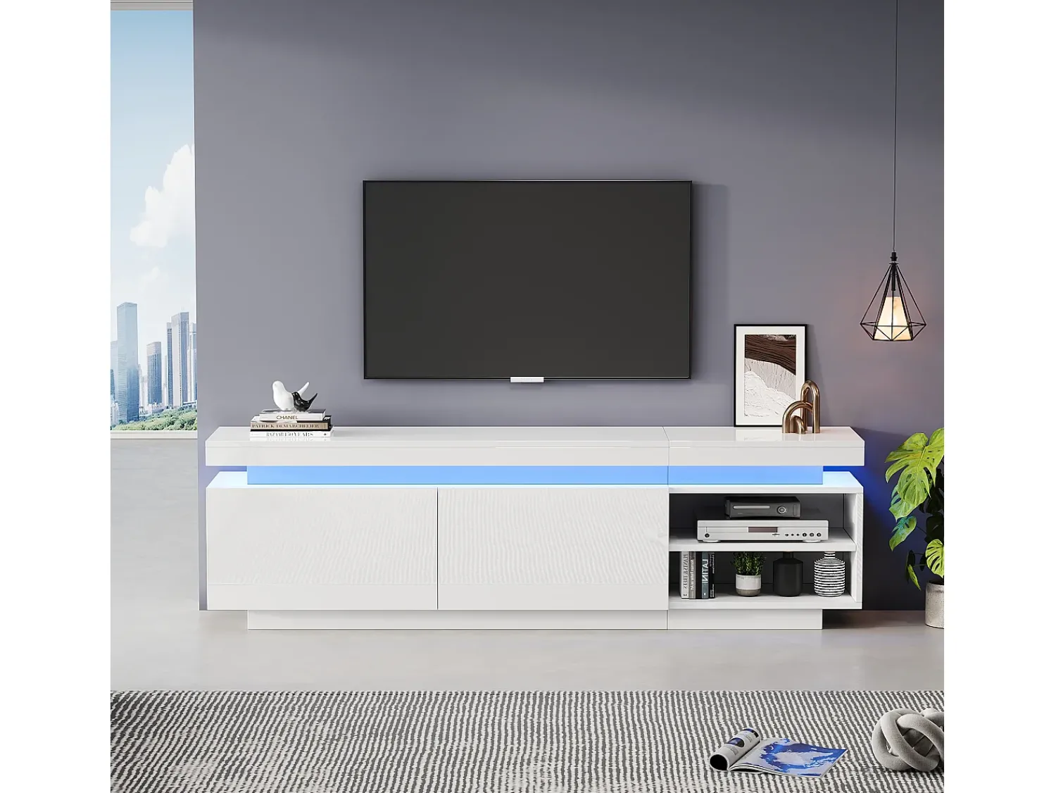 Outlet Merax Móvel TV 170 cm com 2 portas e 2 prateleiras - LEDs - Aglomerado - brilhante Branco