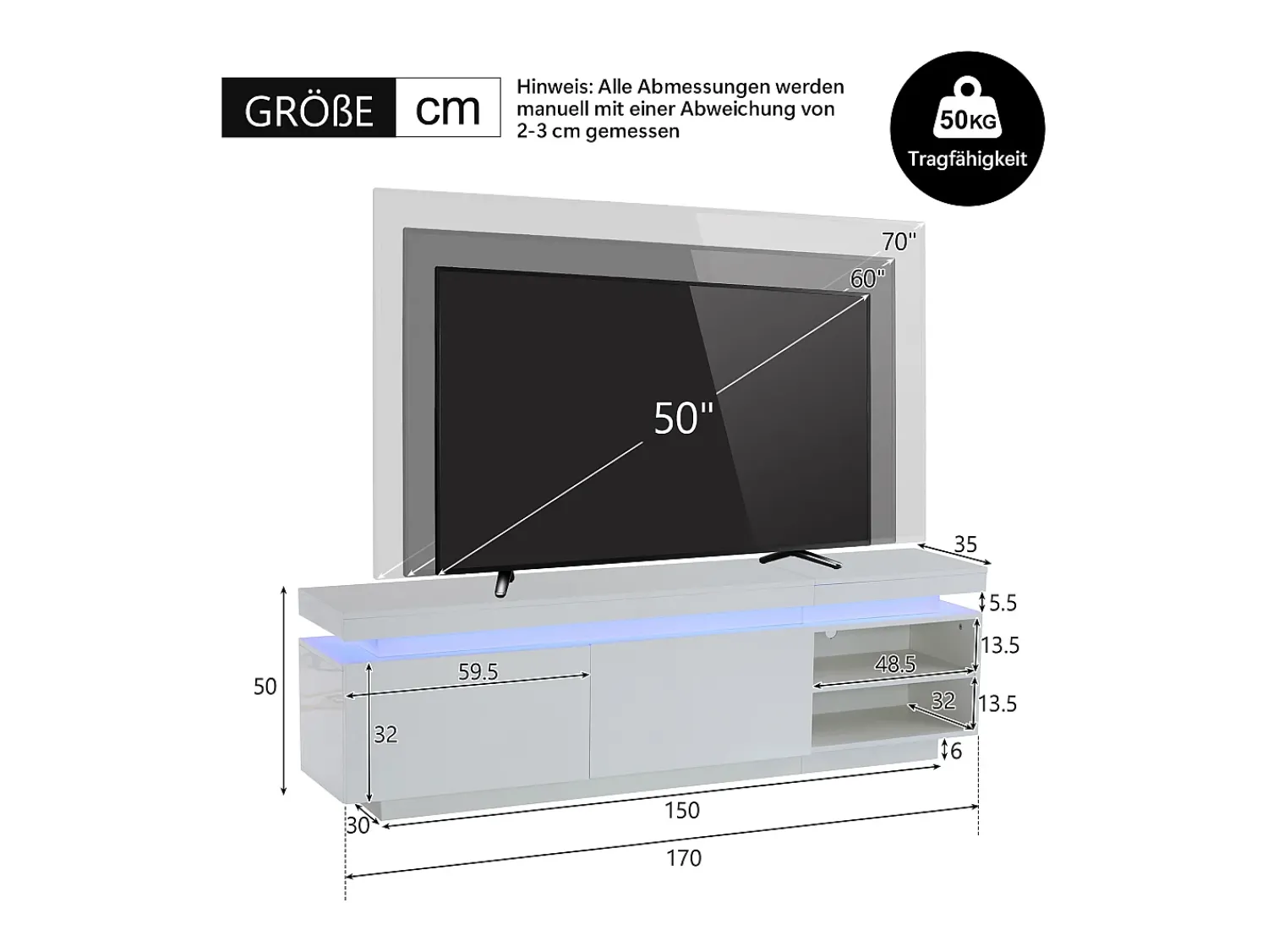 Outlet Merax Móvel TV 170 cm com 2 portas e 2 prateleiras - LEDs - Aglomerado - brilhante Branco