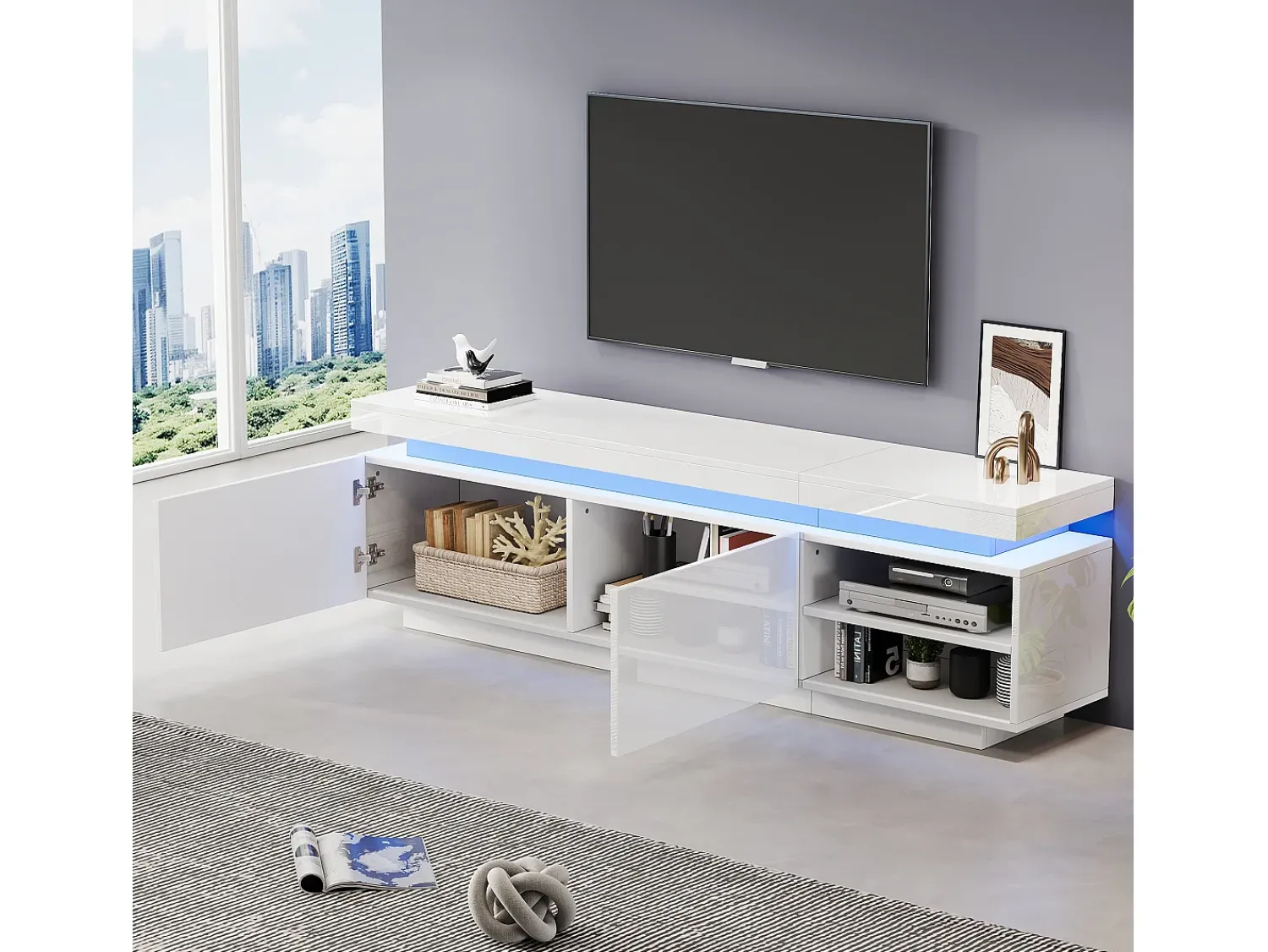 Outlet Merax Móvel TV 170 cm com 2 portas e 2 prateleiras - LEDs - Aglomerado - brilhante Branco