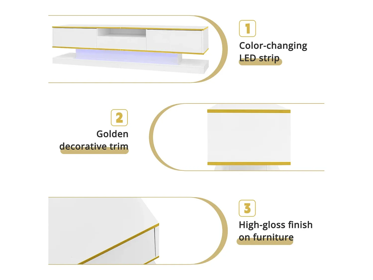Móvel De Tv* Móvel TV 180 cm com iluminação LED, alto brilho com 3 gavetas e compartimento aberto, Branco