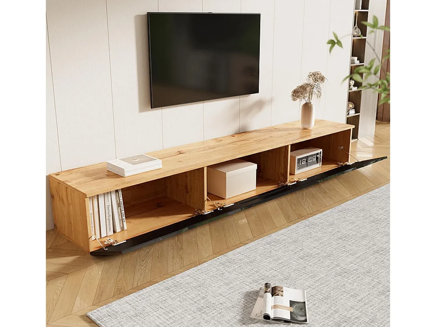 Móvel De Tv|KOMHTOM Móvel TV, 180 cm, superfície brilhante, com iluminação LED de 16 cores, montagem na parede Preto