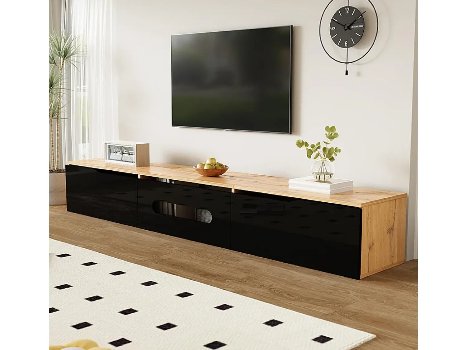 Móvel De Tv|KOMHTOM Móvel TV, 180 cm, superfície brilhante, com iluminação LED de 16 cores, montagem na parede Preto