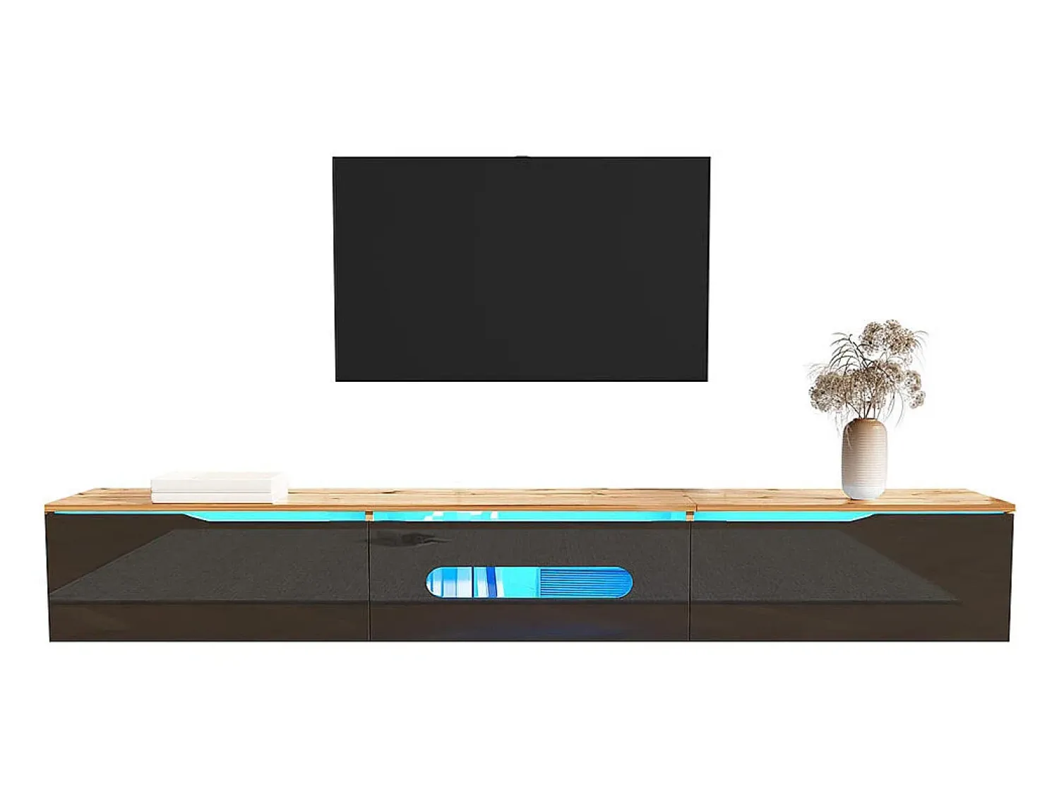 Móvel De Tv|KOMHTOM Móvel TV, 180 cm, superfície brilhante, com iluminação LED de 16 cores, montagem na parede Preto