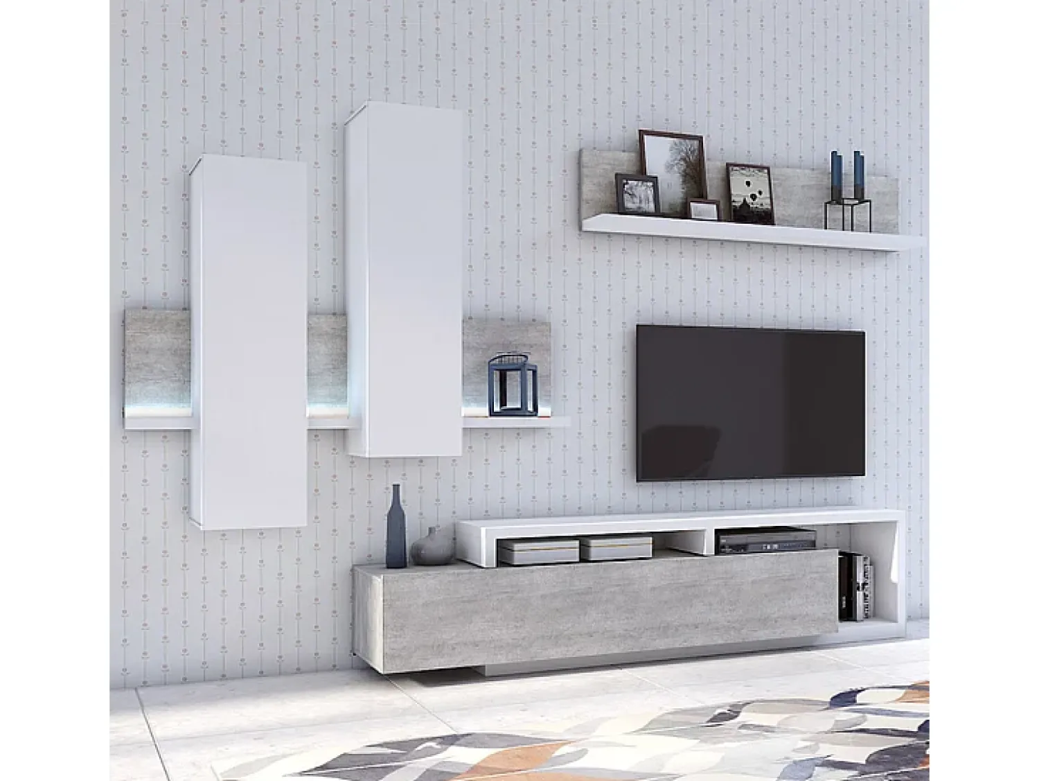Online Petits-Meubles Móvel TV 1 gaveta Ilyes branco e betão 219cm Cinzento