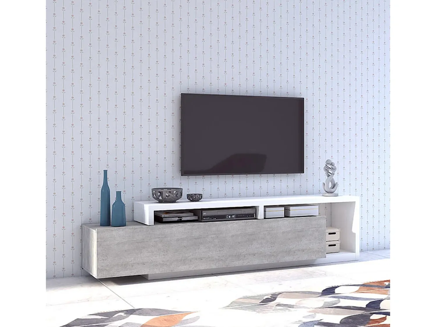 Online Petits-Meubles Móvel TV 1 gaveta Ilyes branco e betão 219cm Cinzento