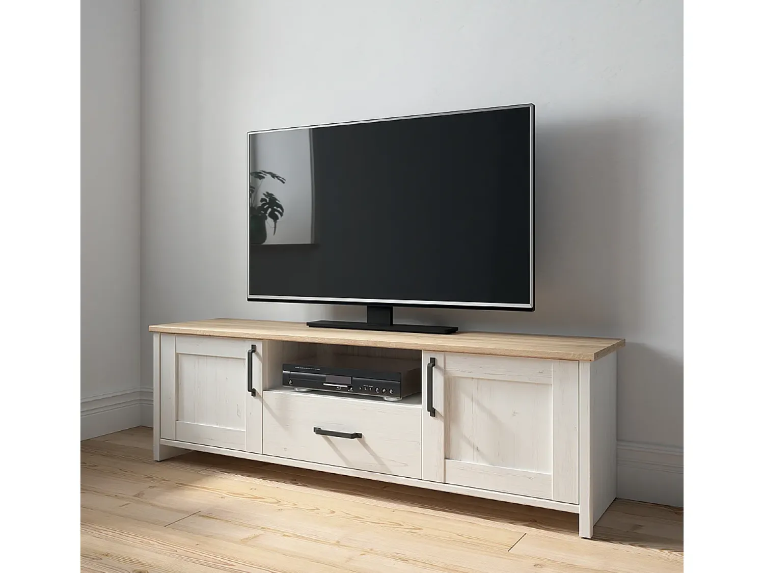 Petits-Meubles Móvel TV 2 portas 1 gaveta Aksel branco e madeira 160cm^ Móvel De Tv