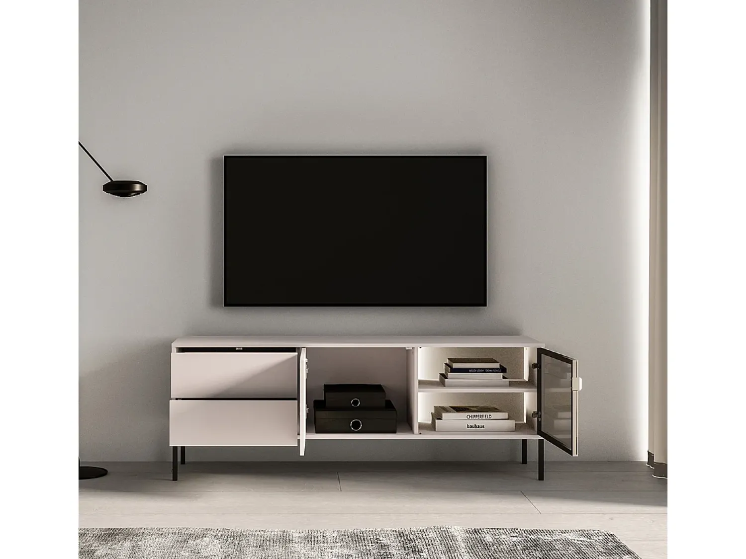 Petits-Meubles Móvel TV 2 portas 2 gavetas Paige caxemira e preto 160cm Bege