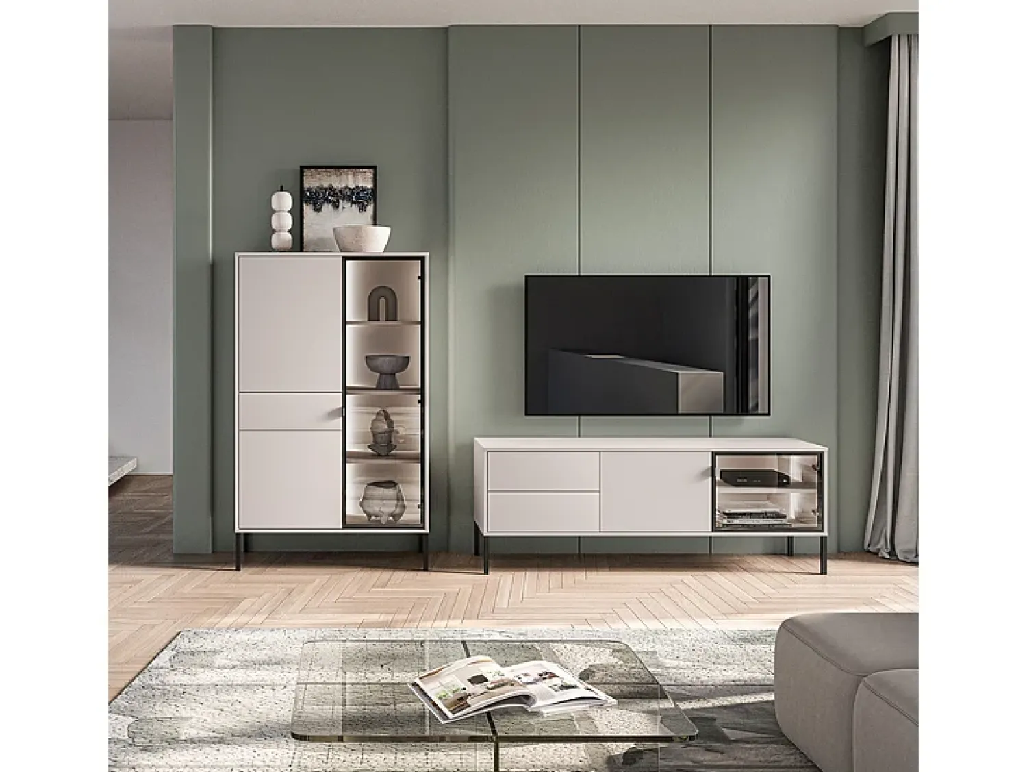 Petits-Meubles Móvel TV 2 portas 2 gavetas Paige caxemira e preto 160cm Bege
