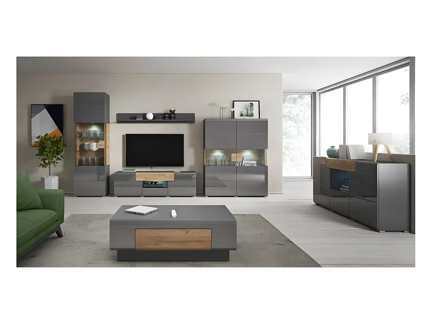 Hot Petits-Meubles Móvel TV 2 portas 2 gavetas Jules cinzento e madeira 159cm Cinzento / Natural claro