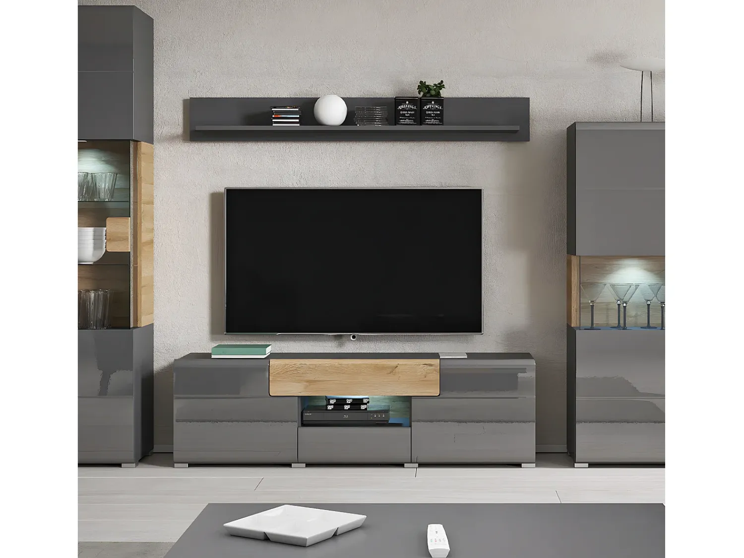 Hot Petits-Meubles Móvel TV 2 portas 2 gavetas Jules cinzento e madeira 159cm Cinzento / Natural claro