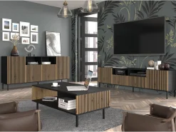 Furnlux Móvel TV 2 portas 2 gavetas Philaé madeira e preto 200cm^ Móvel De Tv
