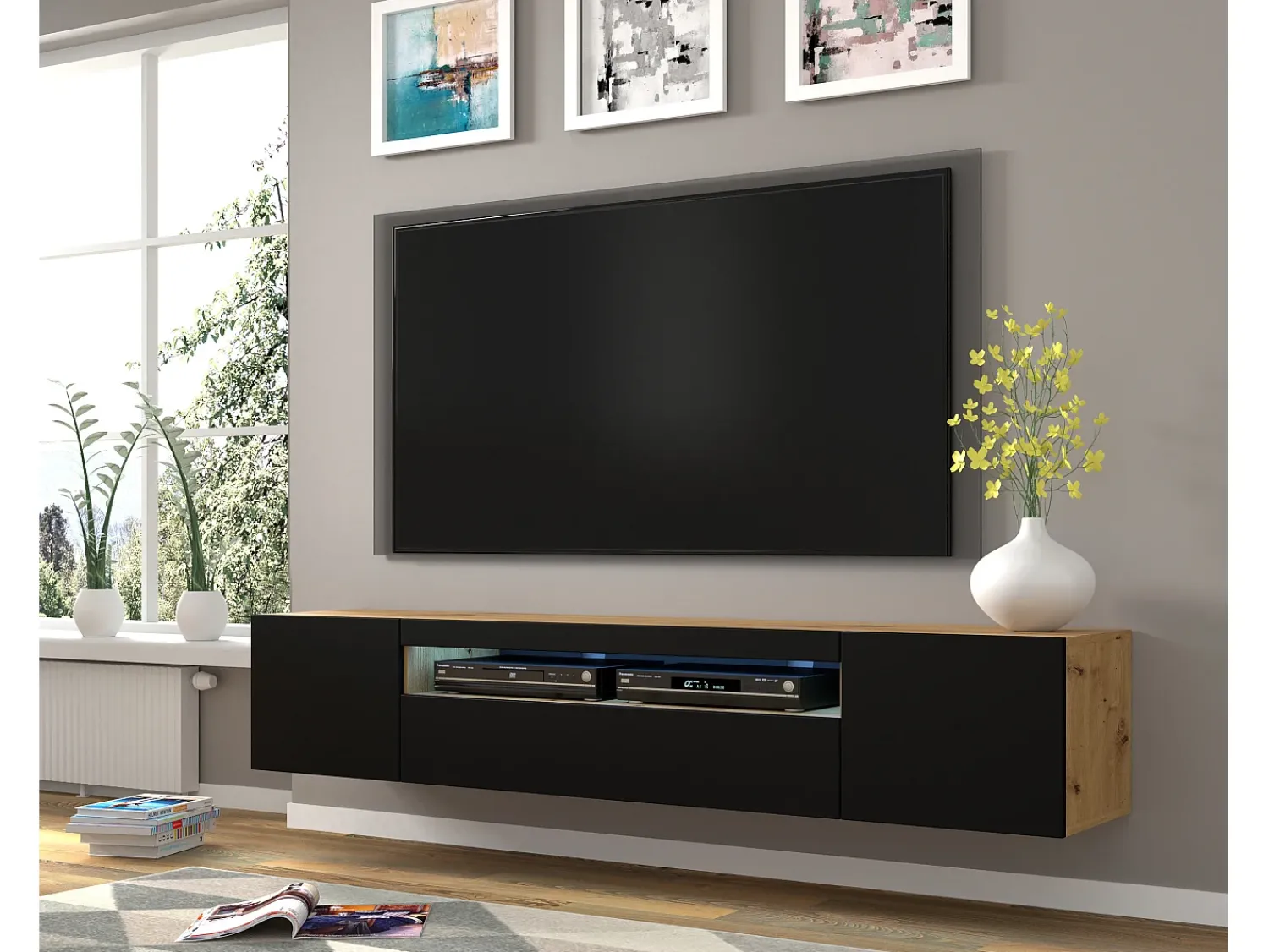 Online Furnlux Móvel TV 3 portas Aurus madeira e preto 200cm Preto / Creme