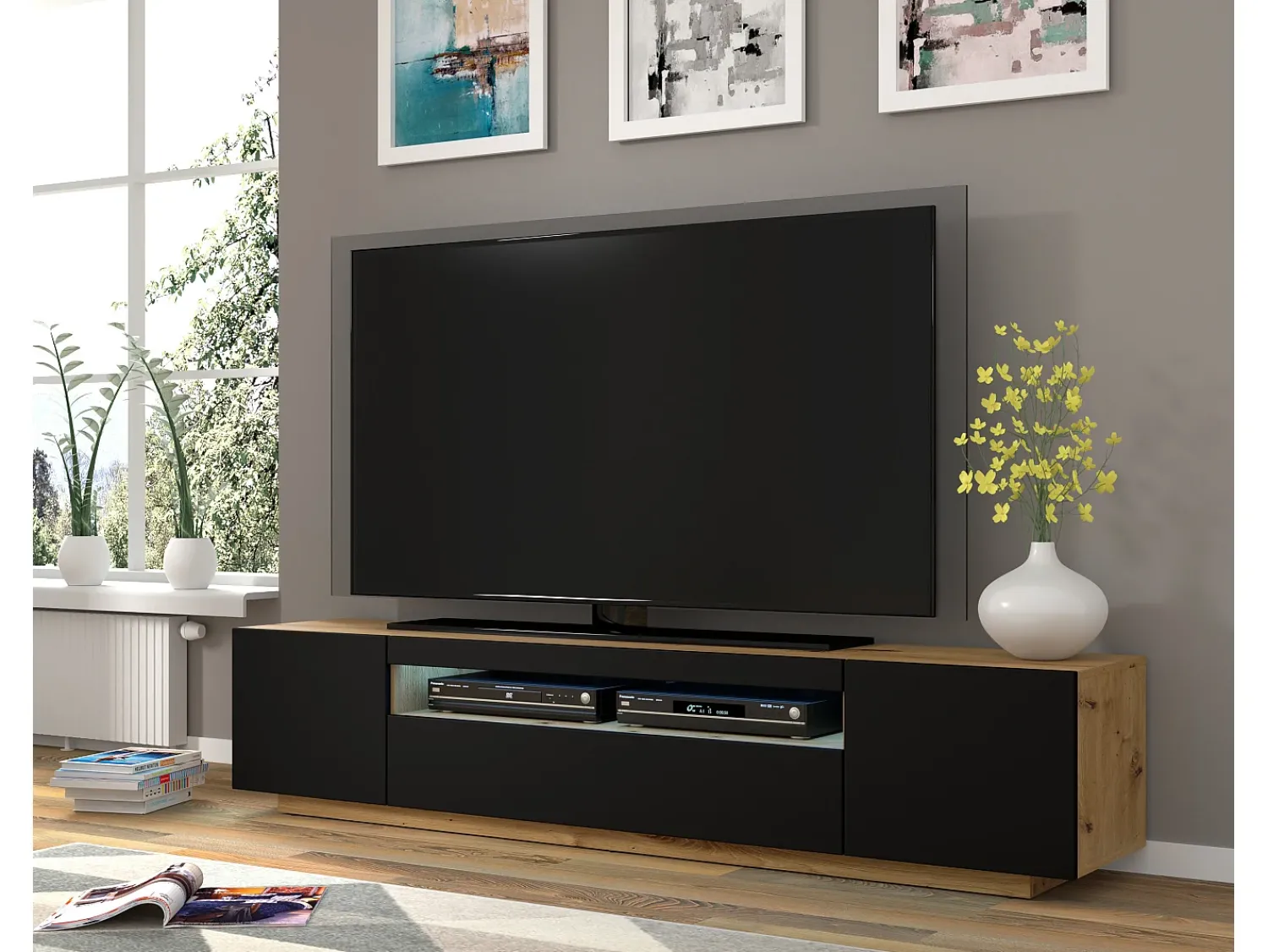 Online Furnlux Móvel TV 3 portas Aurus madeira e preto 200cm Preto / Creme