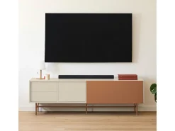 Teulat Móvel TV 2 portas e 2 gavetas pé ferro lacado areia 180x56 cm^ Móvel De Tv