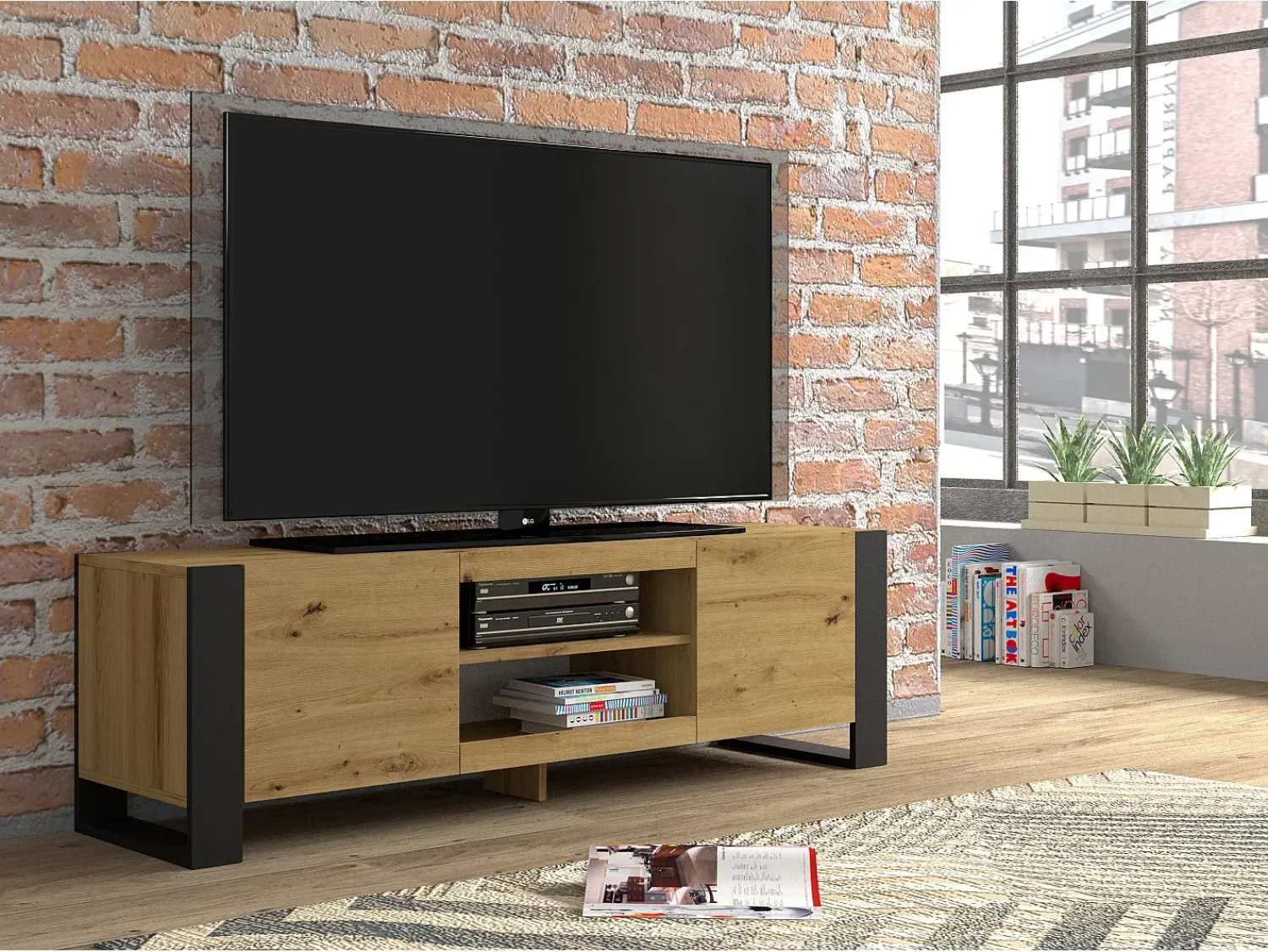 Furnlux Móvel TV 2 portas Gani madeira e preto mate 158cm^ Móvel De Tv