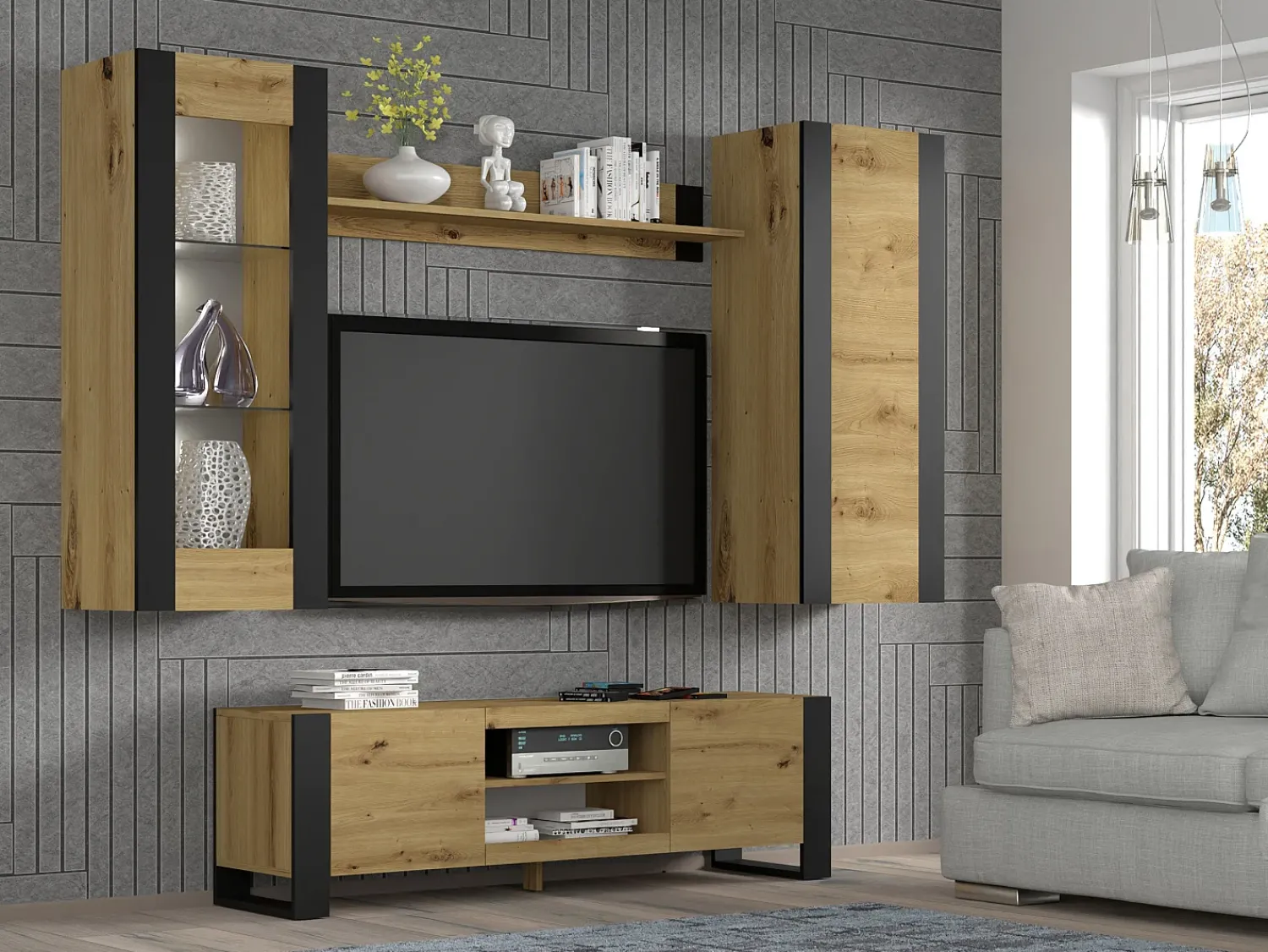 Furnlux Móvel TV 2 portas Gani madeira e preto mate 158cm^ Móvel De Tv
