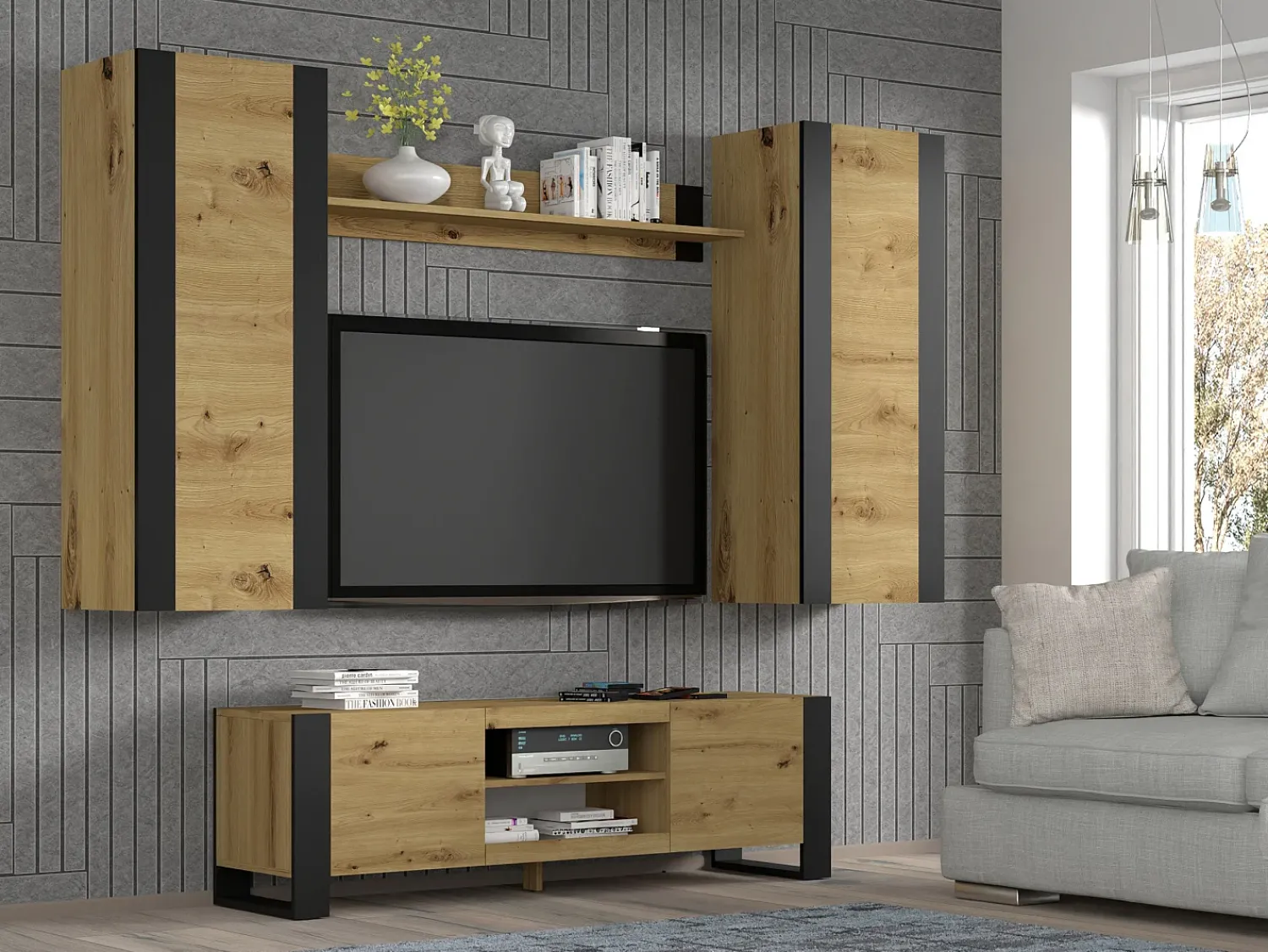 Furnlux Móvel TV 2 portas Gani madeira e preto mate 158cm^ Móvel De Tv