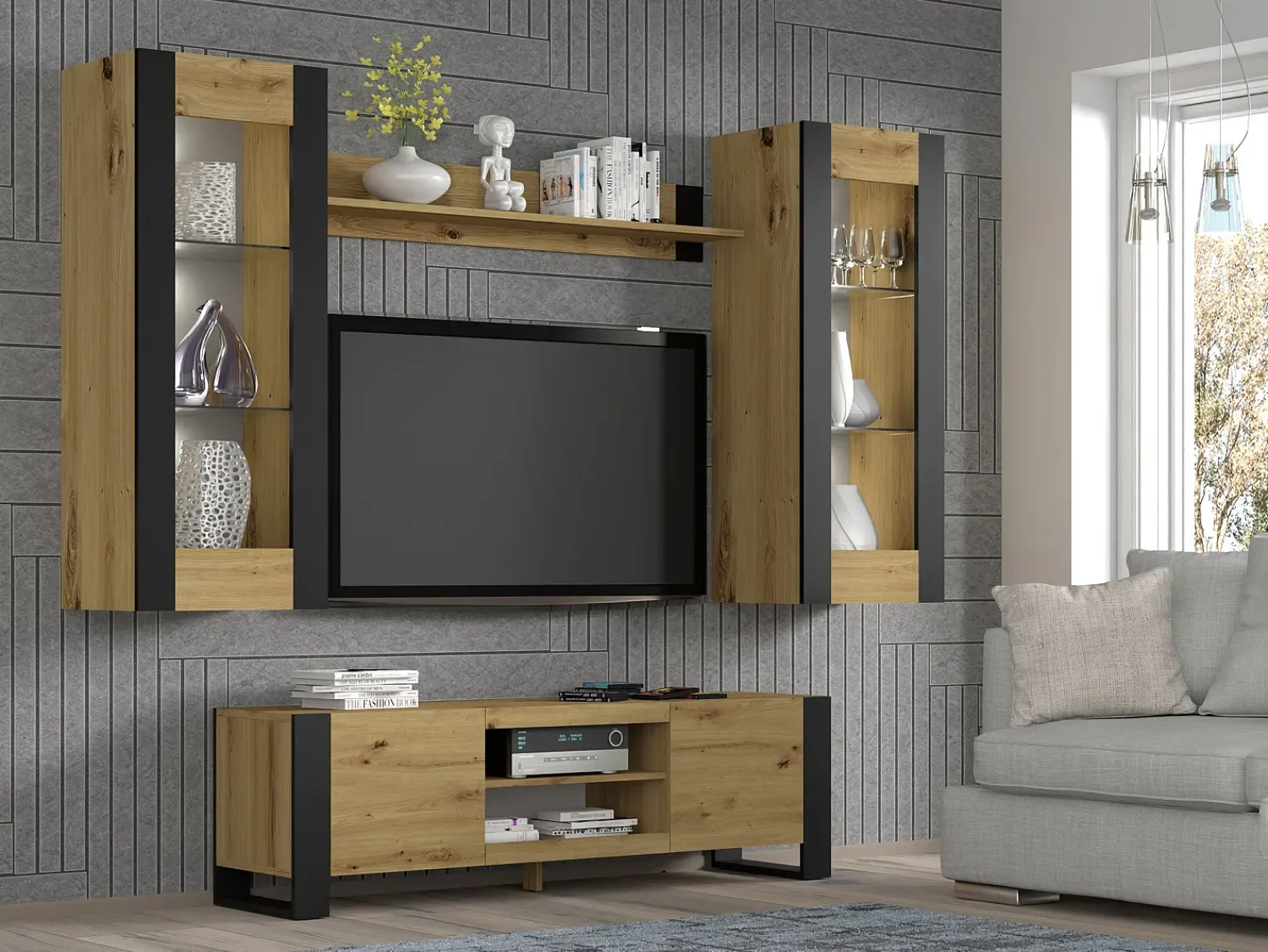 Furnlux Móvel TV 2 portas Gani madeira e preto mate 158cm^ Móvel De Tv