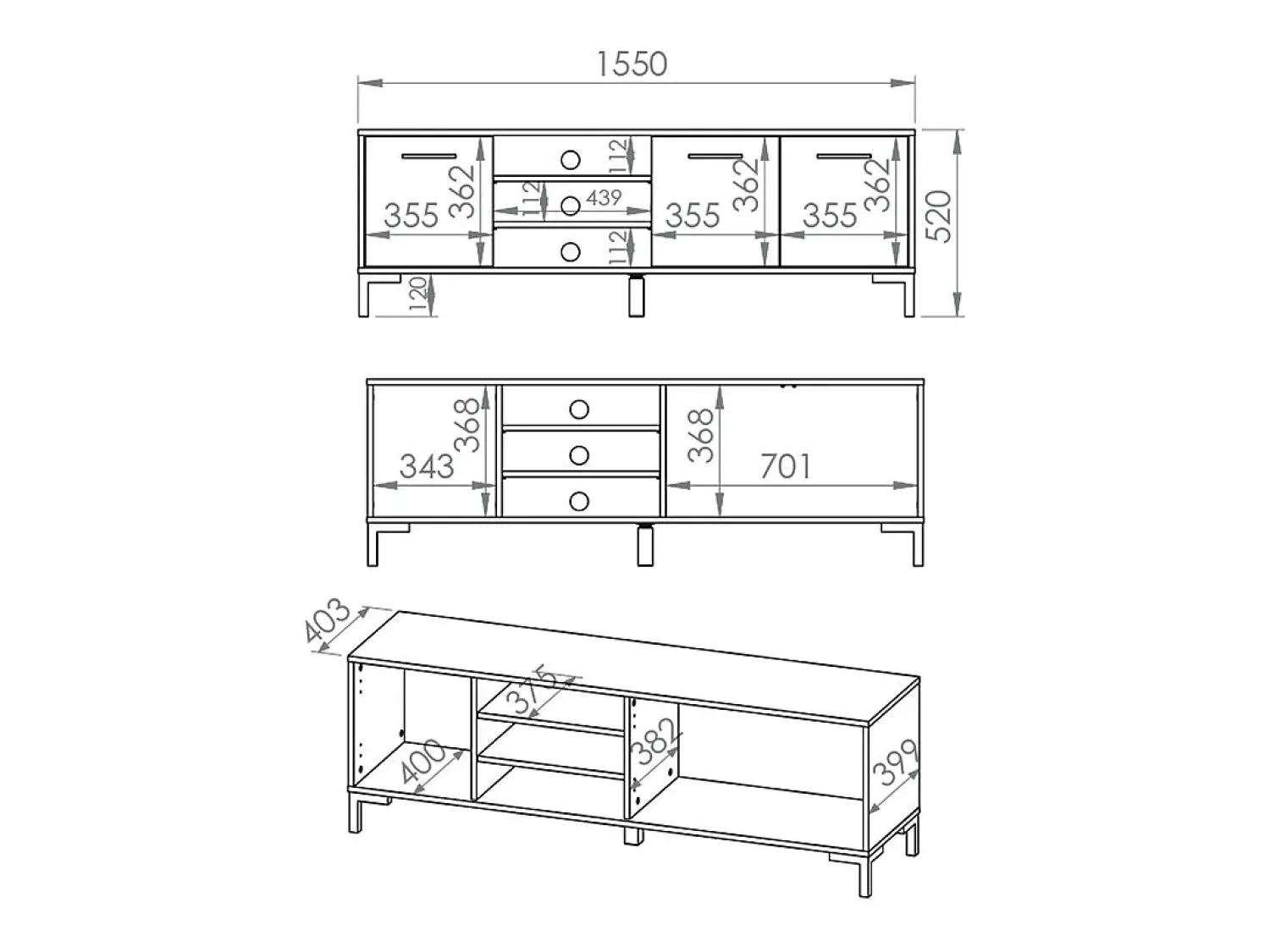 Móvel De Tv*Petits-Meubles Móvel TV 3 portas Liora madeira 155cm Natural claro
