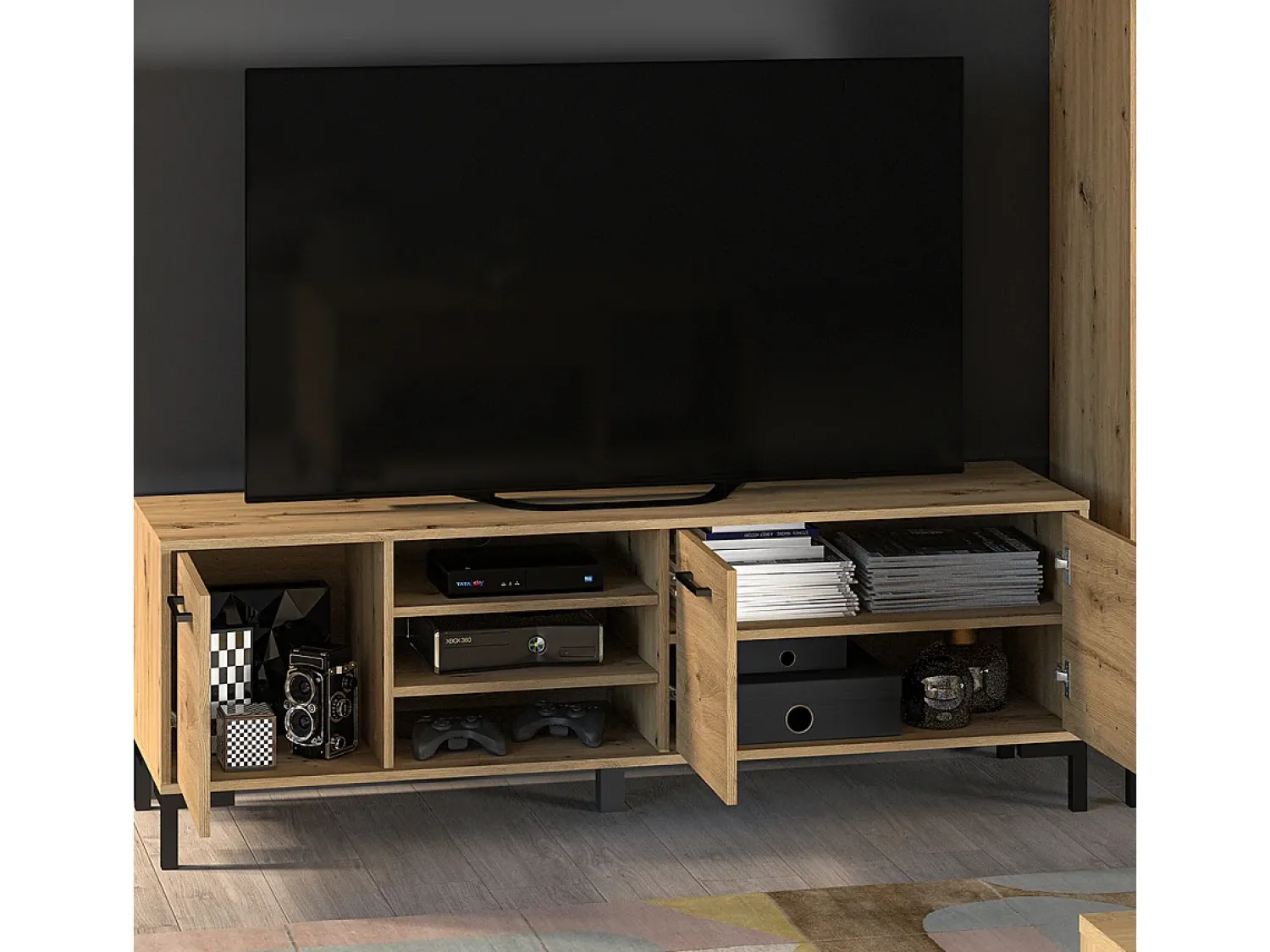 Móvel De Tv*Petits-Meubles Móvel TV 3 portas Liora madeira 155cm Natural claro