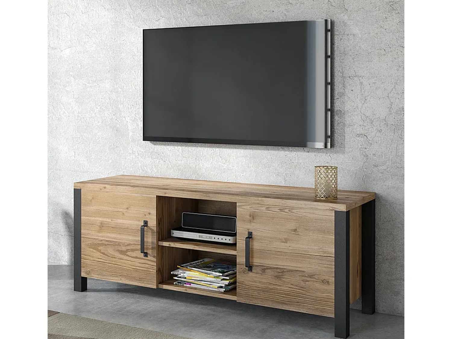 Móvel De Tv*Petits-Meubles Móvel TV 2 portas Lyam madeira e preto 147cm Castanho