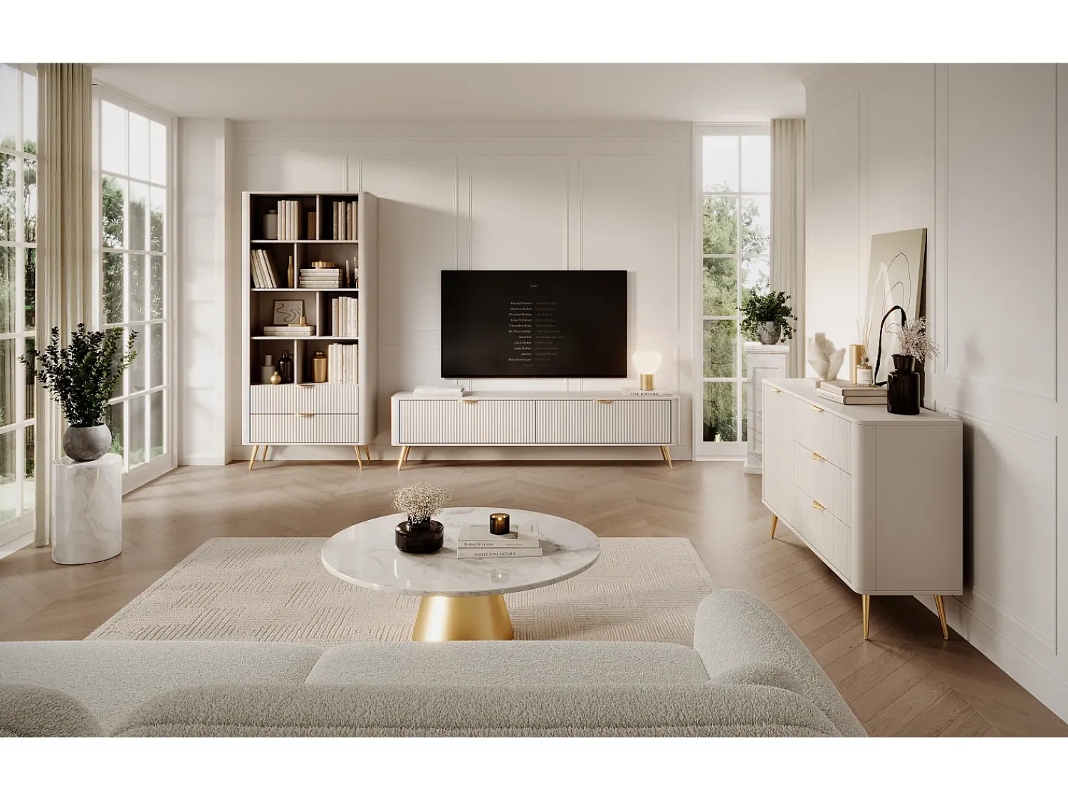 Discount Móvel TV: 2 portas, móveis: Cashmere, pés dourados, 200 x 51,2 x 38cm Bege