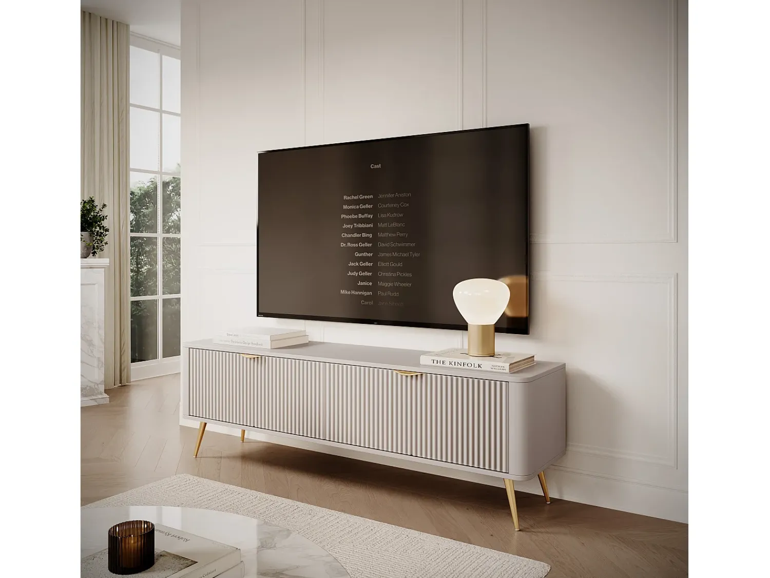 Móvel De Tv| Móvel TV: 2 portas, móveis: Cashmere, pés dourados, 163,2 x 51,2 x 38cm Bege