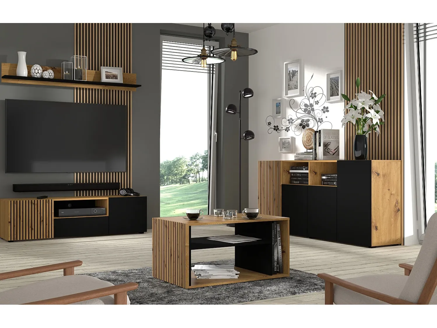 Best Furnlux Móvel TV 3 portas Nera madeira e preto 150cm Preto / Creme